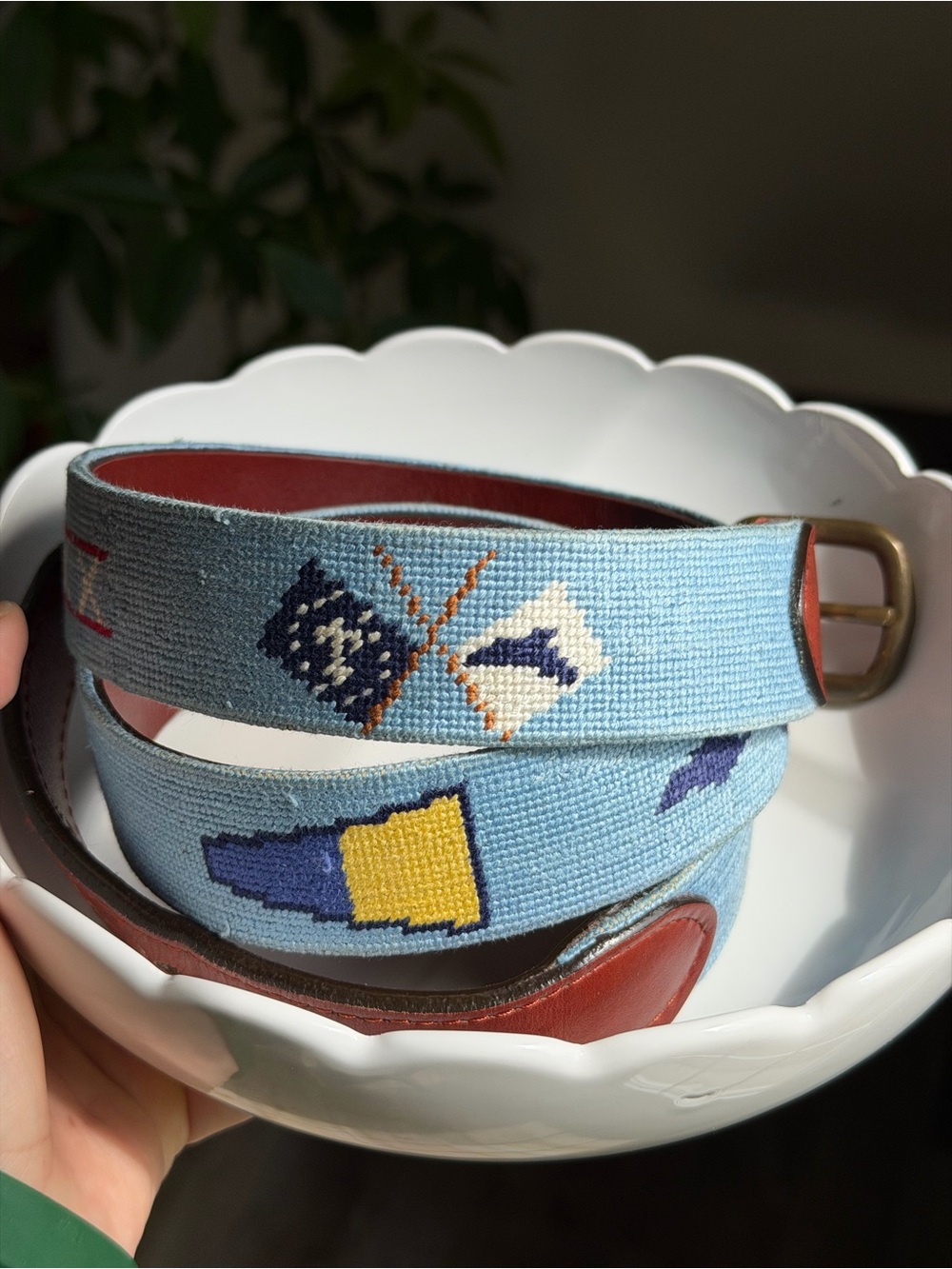 Light Blue Embroidered Needlepoint Leather-Trim Belt